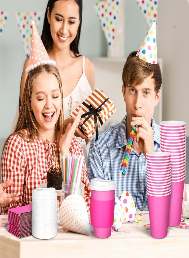 JarThenaAMCS مجموعة جارثينا إيه إم سي إس المكونة من 50 كوب قهوة ورقية للاستخدام مرة واحدة، سعة 12 أونصة، باللون الوردي الفاقع، للتوعية بسرطان الثدي، مع أغطية وأكمام، مناسبة للشرب في المناسبات الخيرية وحفلات النساء، ولتقديم المشروبات الساخنة. - Image 5